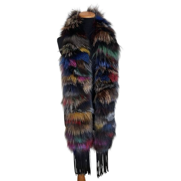 Mitchies Fox Fur Scarf Womens Multicolor Rainbow Fringe - Picture 1 of 10